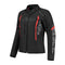 Blouson moto femme Jack Ashley CE AA noir, rouge, motifs camouflage gris.