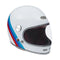 Casque intégral Exklusiv Duke 2 Nation blanc rétro, bandes sportives bleu/rouge, intérieur bordeaux.