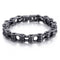 Bracelet biker acier inoxydable chaîne noircie, maillons moto industriels patinés.