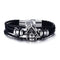 Bracelet en cuir noir avec tête de mort argentée pour homme et femme style biker