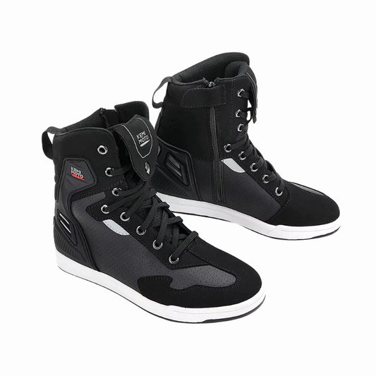 baskets moto pour motard homme en nylon et cuir microfibre avec renforts talon, orteils et cheville, semelle antidérapante et poche à lacets