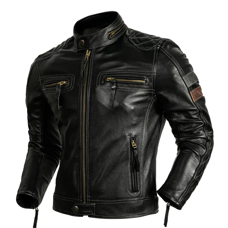 Veste biker homme Riked en cuir noir grainé, renforts matelassés, zips TALON laiton, Double RL.