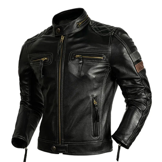 Veste biker homme Riked en cuir noir grainé, renforts matelassés, zips TALON laiton, Double RL.