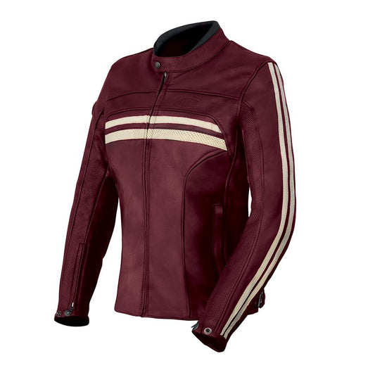 blouson moto femme en cuir bordeaux vintage avec protections CE épaules et coudes, doublure thermique amovible et coupe ajustée