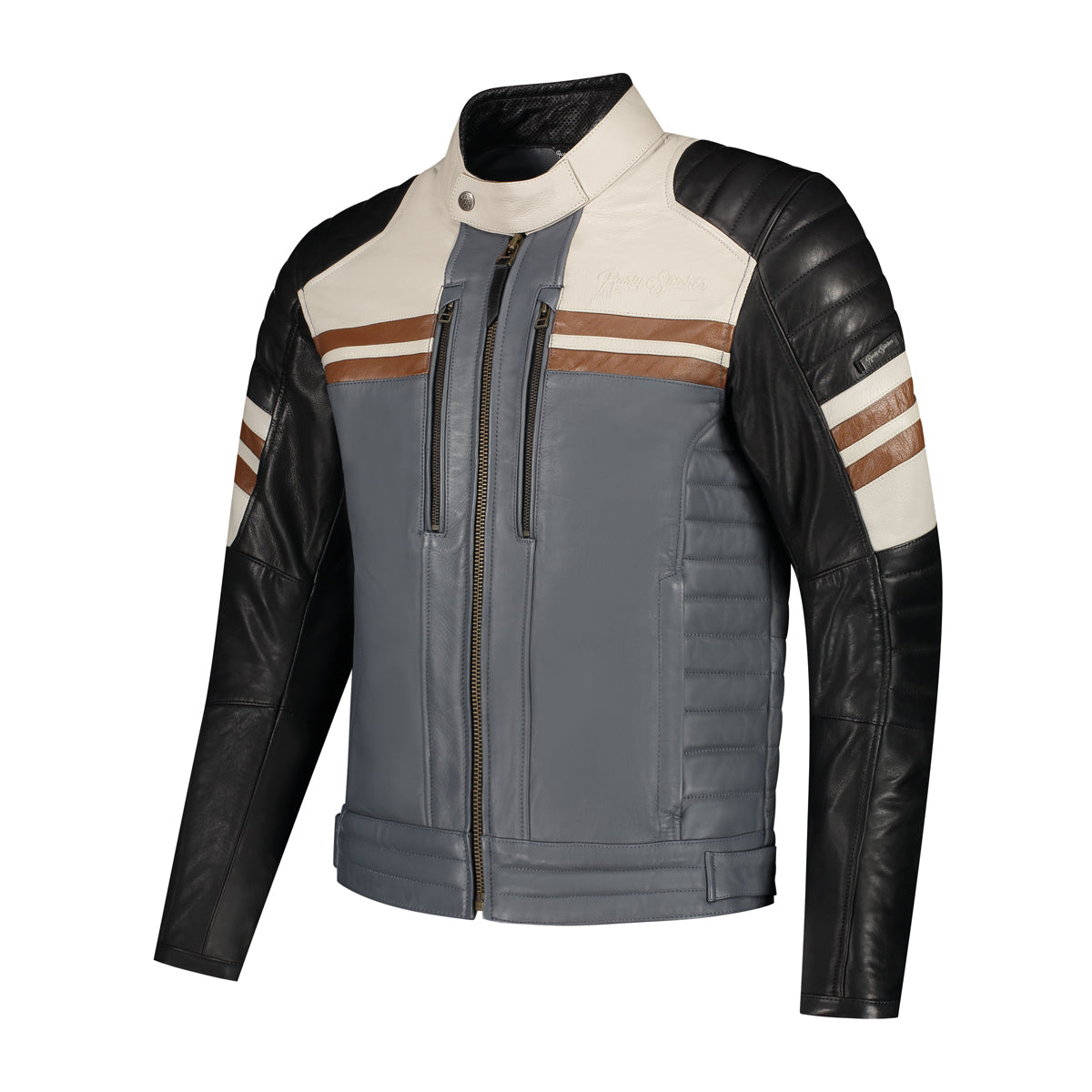 Blouson moto homme Rusty Stitches Jack Steve en cuir bleu-gris noir style rétro Café Racer