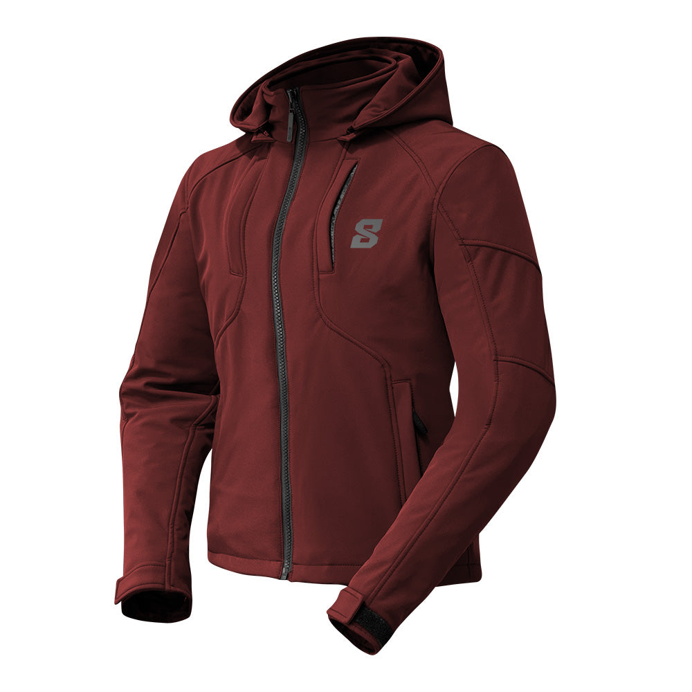 blouson moto hiver femme grenat en polyester avec capuche amovible et protections CE niveau 2 aux épaules et coudes