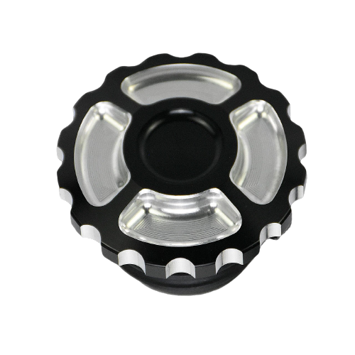 Bouchon de réservoir moto noir avec inserts aluminium, forme crantée moderne