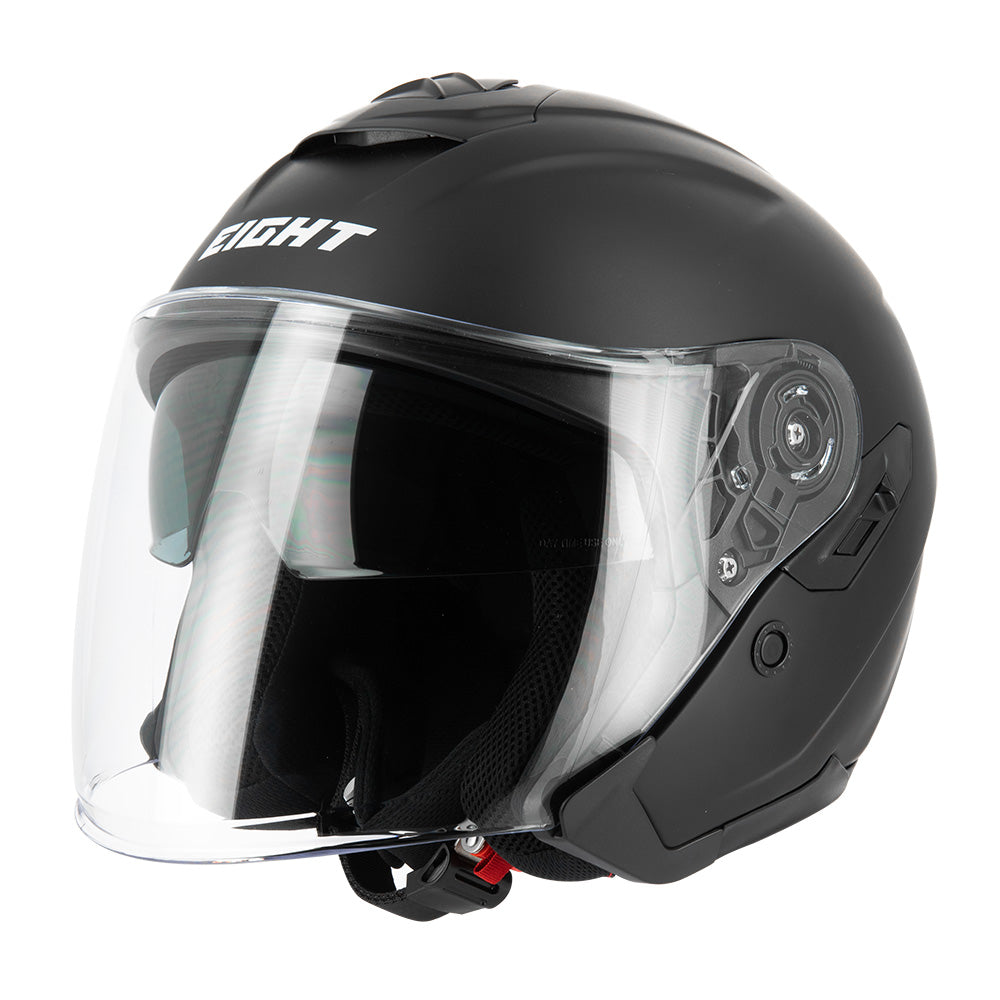 Casque-jet-avcasque jet noir mat avec visière panoramique et boucle micrométrique, idéal pour conduite urbaineec-visiere-profil