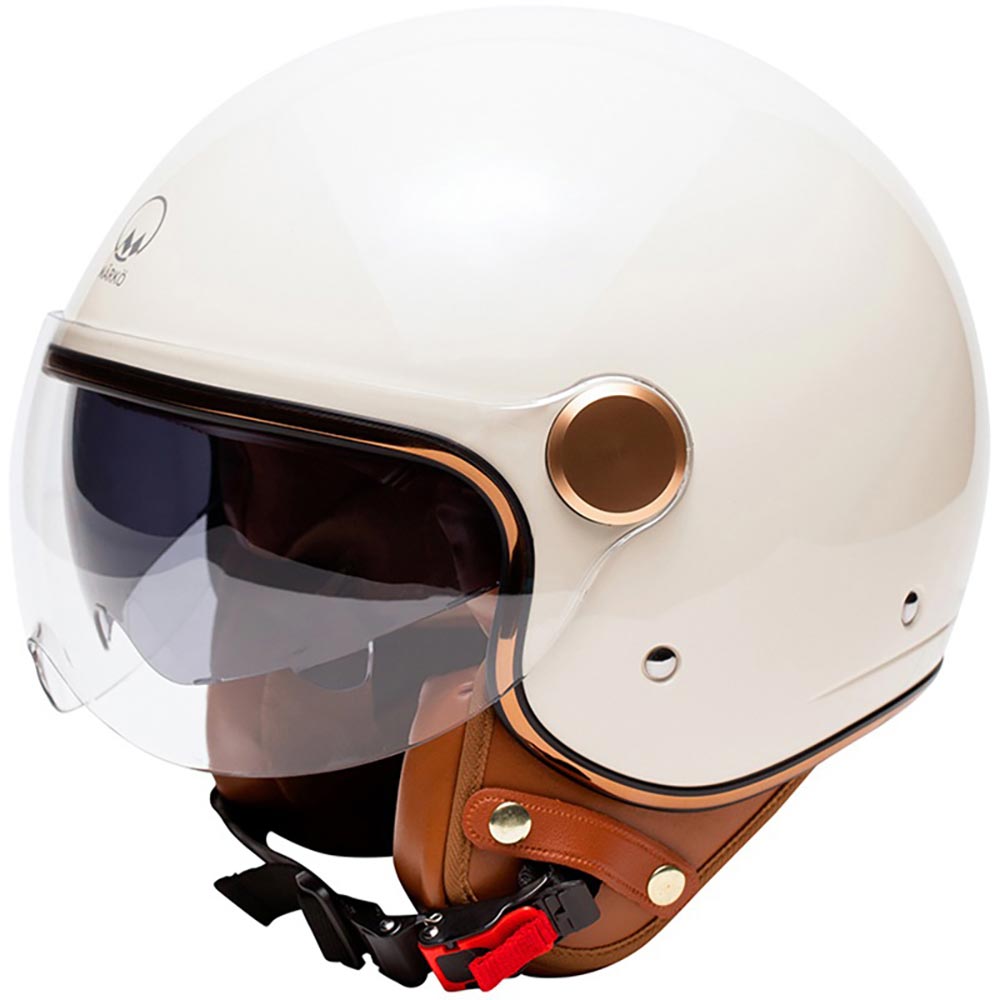 Casque jet MÄRKÖ Grasse beige, néo-rétro, coque brillante, cuir fauve, écran pare-soleil