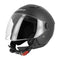 casque jet noir mat pour moto urbaine, visière claire et boucle micrométrique sécurisée