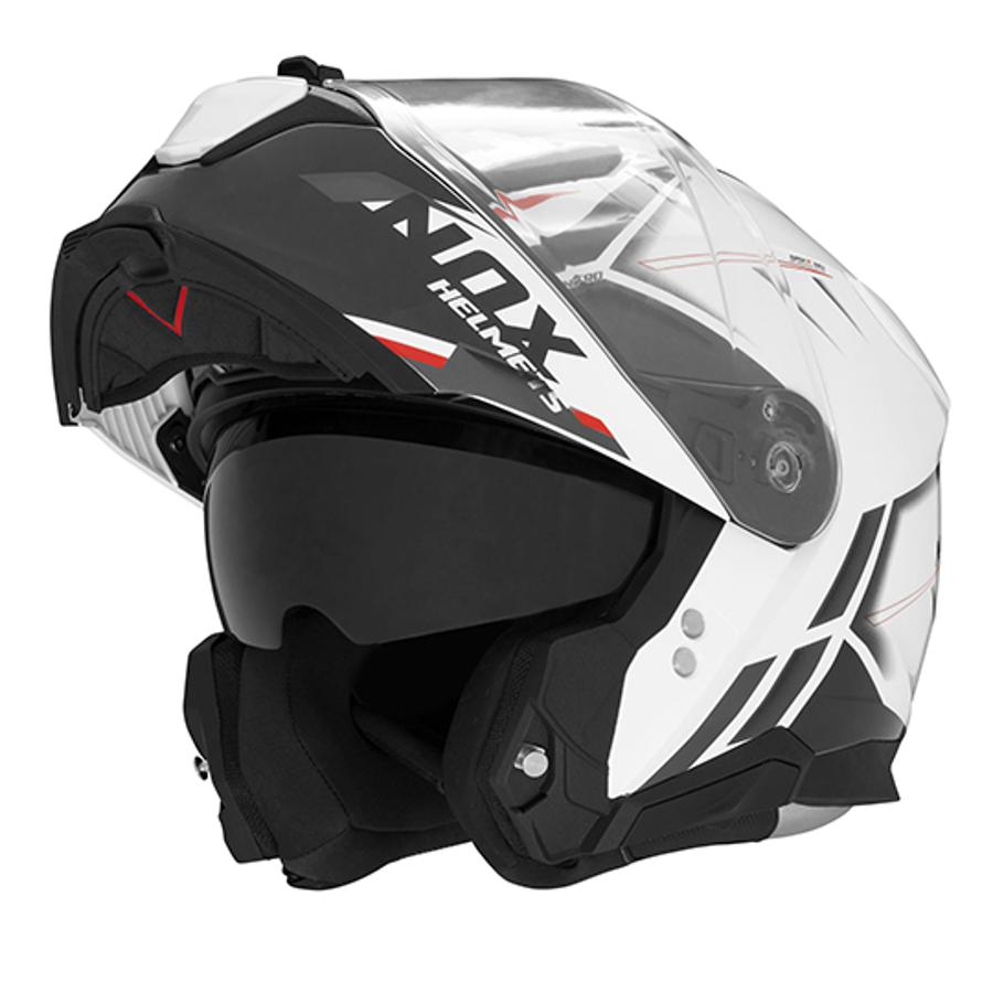 Casque NOX modulable blanc avec décor noir et rouge, double écran solaire, style dynamique et homologation CE