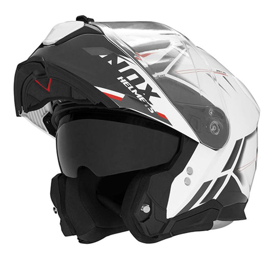 Casque NOX modulable blanc avec décor noir et rouge, double écran solaire, style dynamique et homologation CE