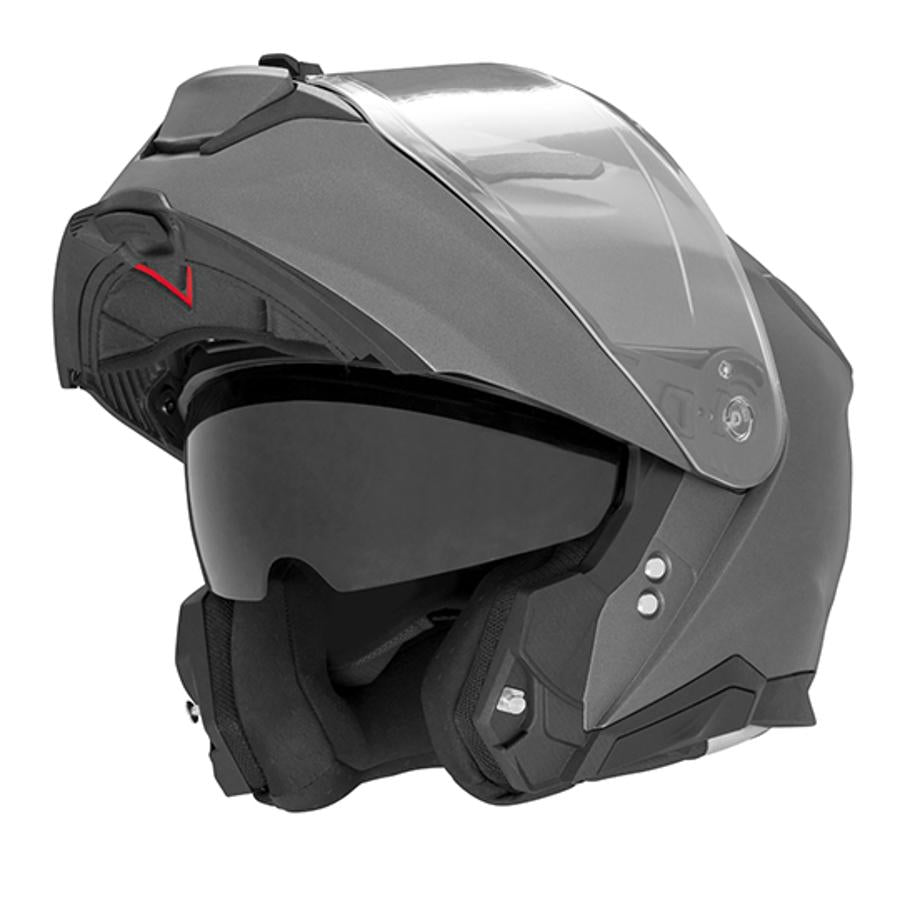 Casque moto modulable gris mat avec visière solaire rabattable, idéal pour les trajets quotidiens et longue distance