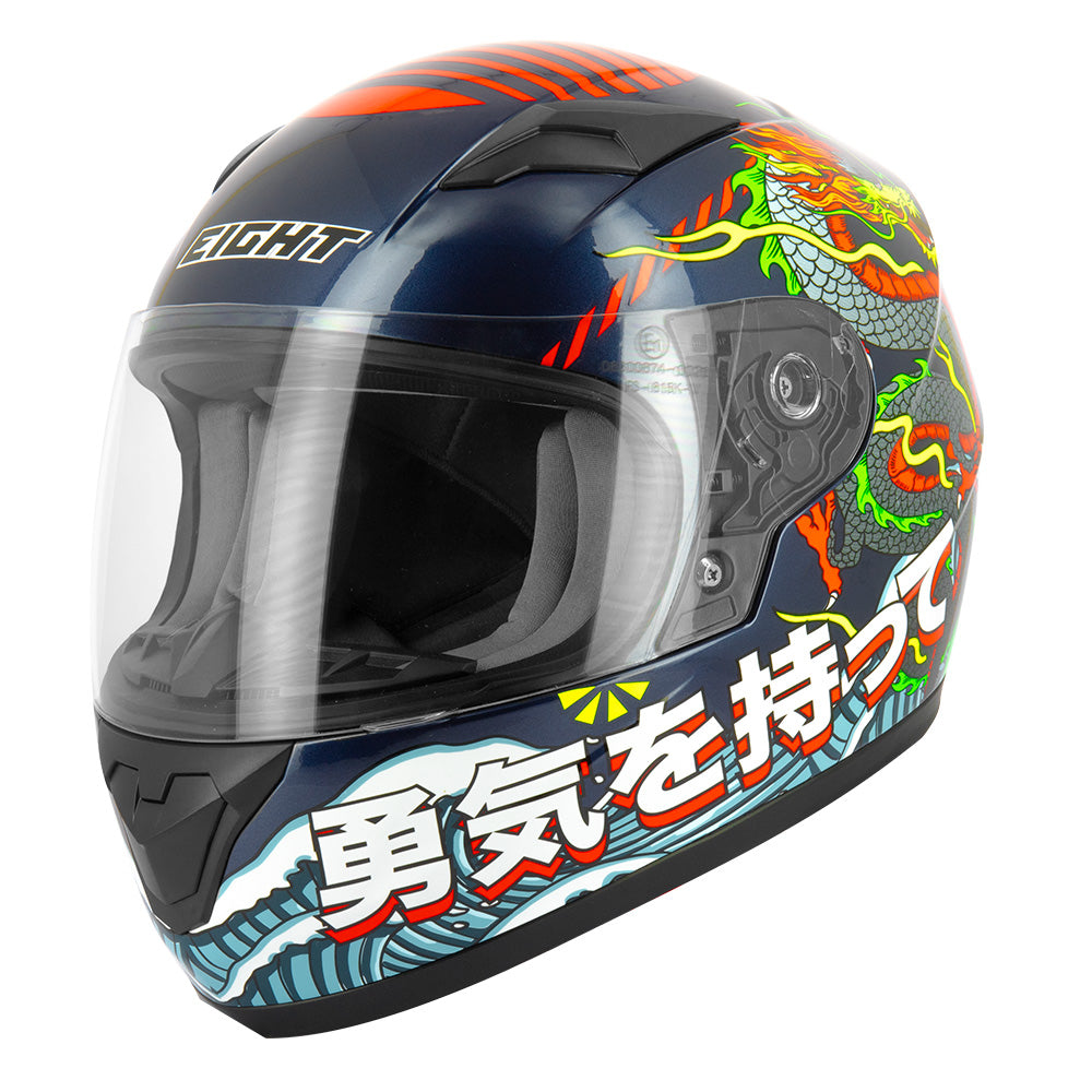 casque moto intégral bleu avec motifs kanji pour enfant