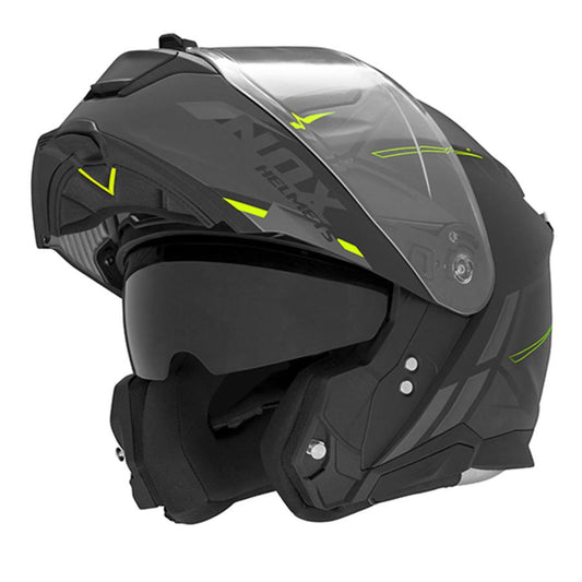 Casque moto NOX modulable noir mat avec inserts jaune fluo, homologué CE et visibilité renforcée sur route
