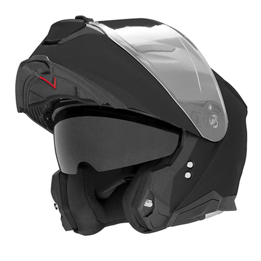 Casque moto modulable noir mat avec double écran, intérieur confortable et ventilation optimisée pour l'été