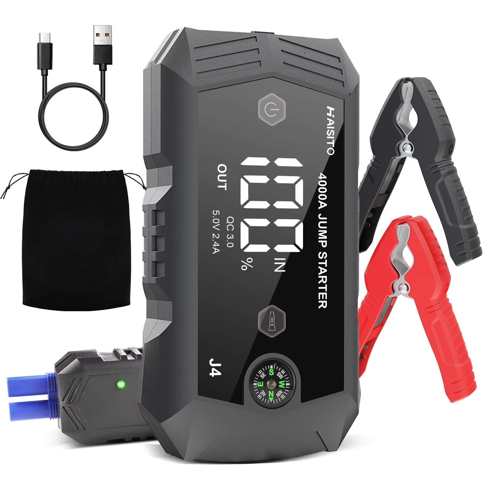 Booster batterie moto 4000A 12V avec chargeur USB et lampe LED