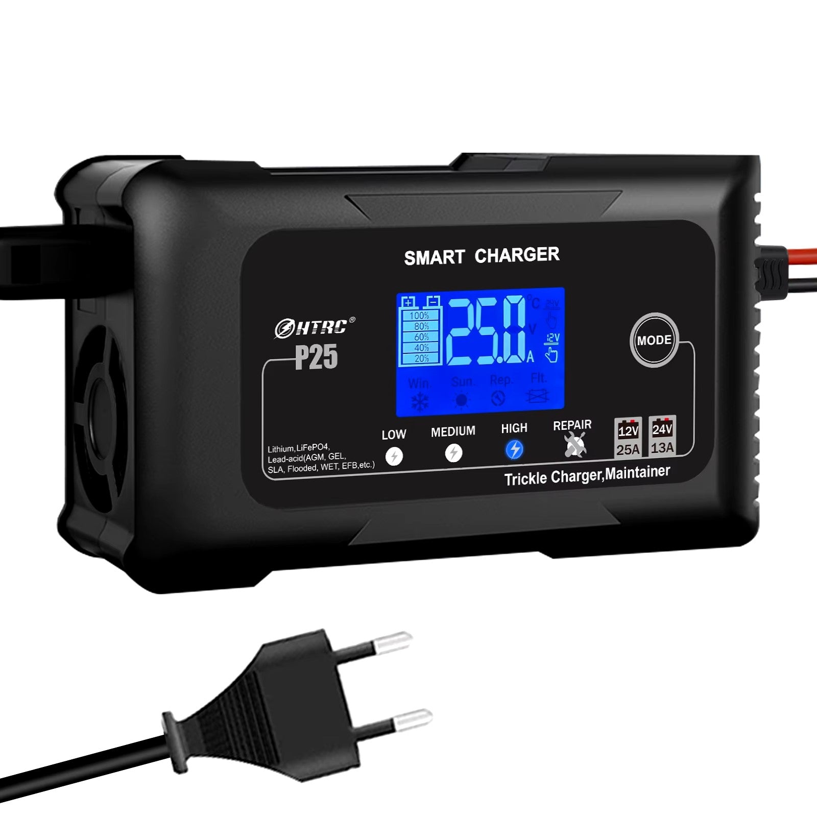 chargeur moto intelligent 12V 24V rapide et universel pour batterie moto, scooter ou quad
