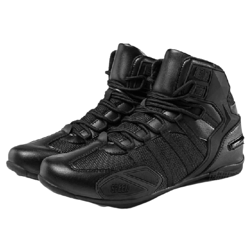 Baskets de moto Speed noires en cuir perforé, style urbain, renfort sélecteur, semelle adhérente.
