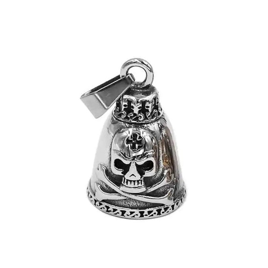Clochette moto Guardian Bell argentée, crâne doré, Croix de Malte et os croisés.