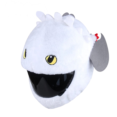 Housse casque moto blanche Furie Blanche en peluche, grands yeux jaunes, sur casque intégral.