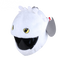 Housse casque moto blanche Furie Blanche en peluche, grands yeux jaunes, sur casque intégral.