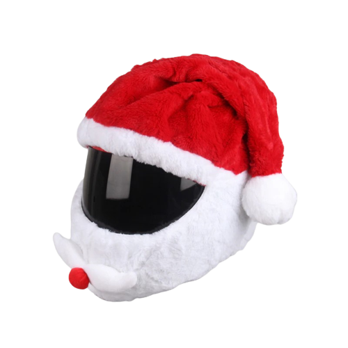 Housse casque moto Père Noël rouge blanc pour ambiance festive motard.