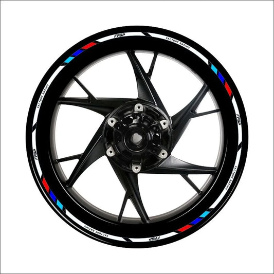 Décoration jante moto noir avec liserets bleu blanc rouge et mention factory racing