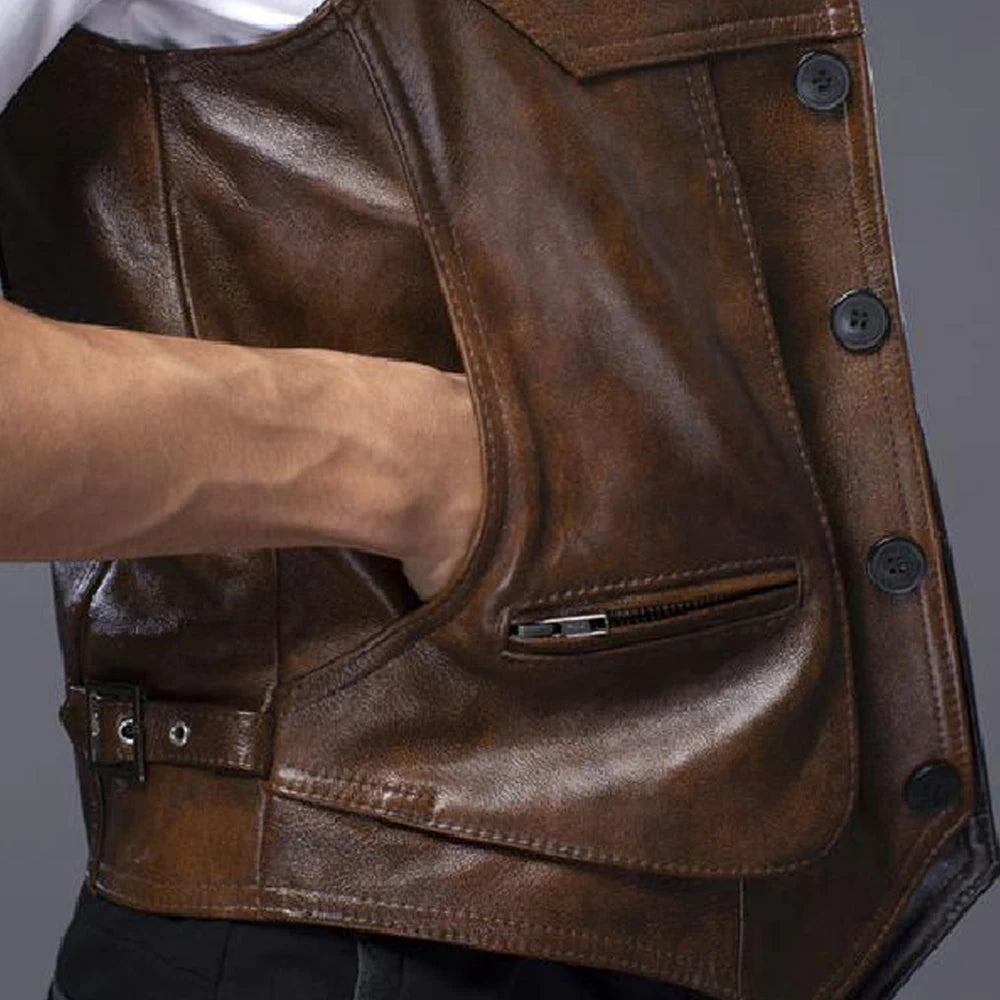 Gilet-biker-en-cuir-marron-vintage-detail