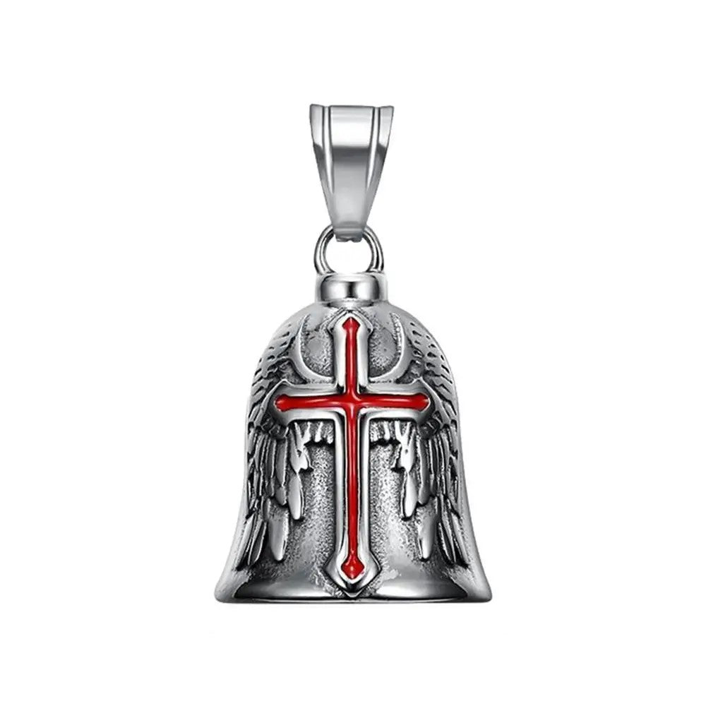 Guardian Bell Croix Templier en acier vieilli, croix rouge émaillée et ailes gravées pour moto.
