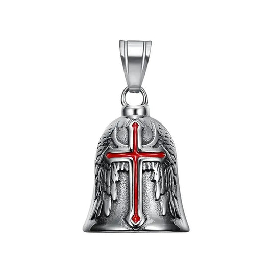 Guardian Bell Croix Templier en acier vieilli, croix rouge émaillée et ailes gravées pour moto.