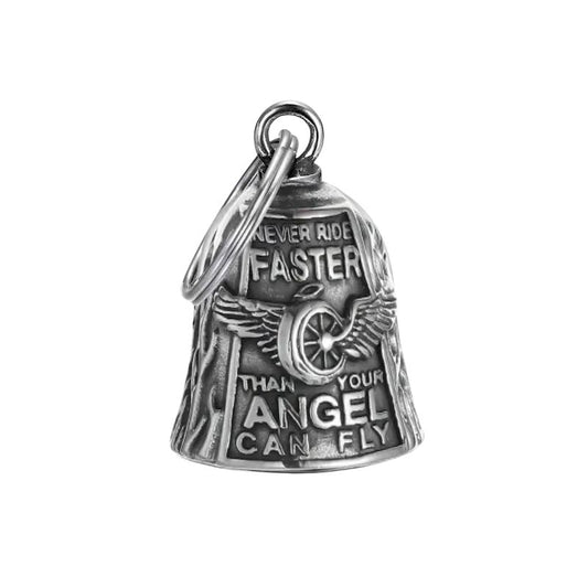 Guardian Bell moto Faster Angel, zinc vieilli, roue ailée et message gravé.
