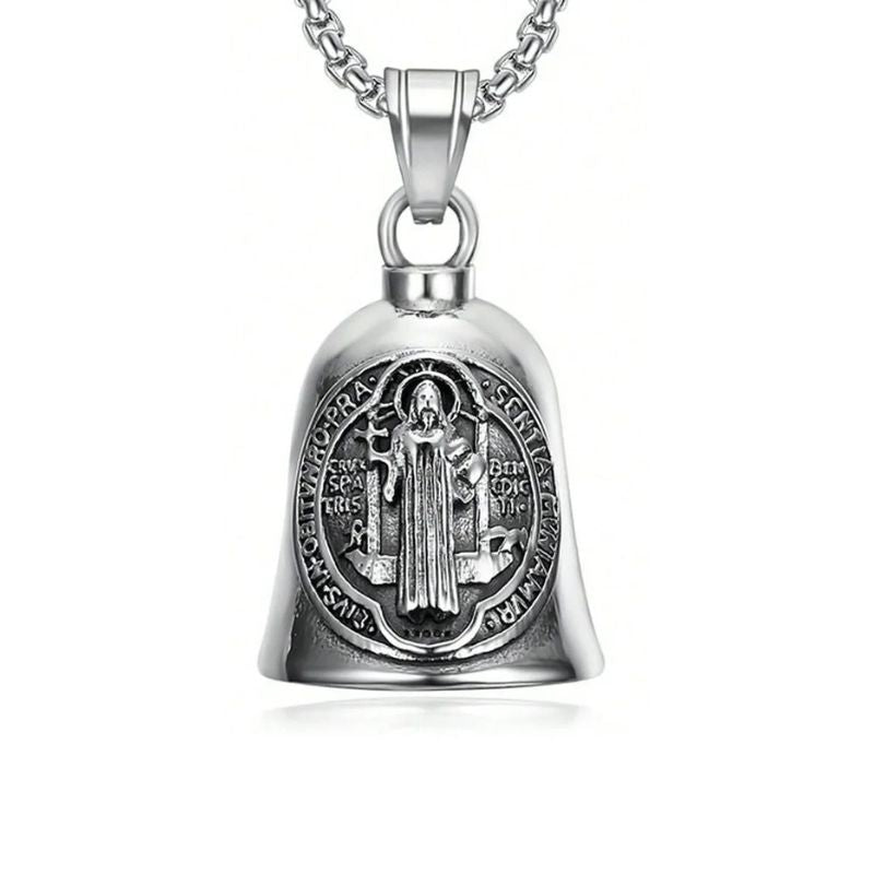 Guardian Bell Saint Benoît, clochette moto en alliage de zinc poli avec médaille gravée.