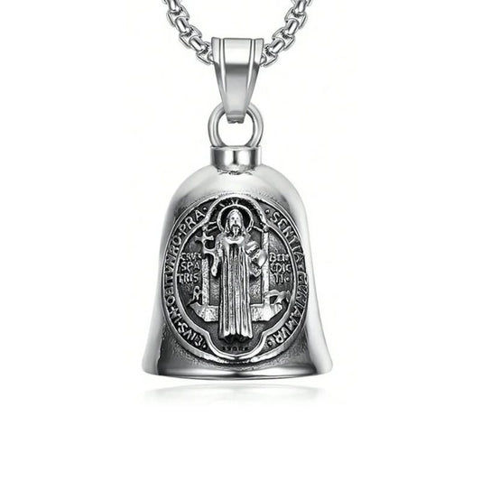 Guardian Bell Saint Benoît, clochette moto en alliage de zinc poli avec médaille gravée.