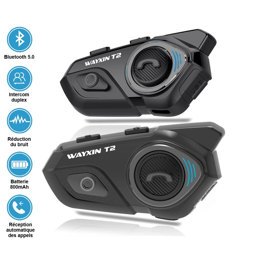 Intercom moto WAYXIN-T2 compact, étanche, pour communication duo Bluetooth casque.