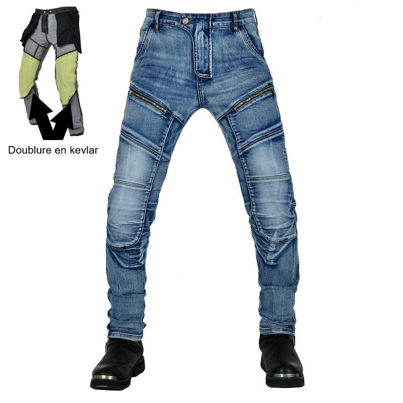 Jean de moto bleu pour homme avec coupe ergonomique, tissu léger et protections intégrées, idéal pour l'été