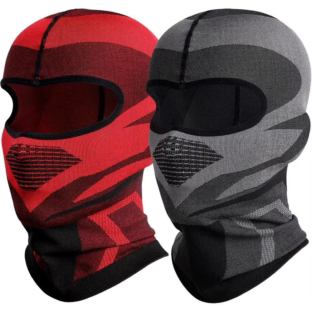 Lot de 2 cagoules moto rouge et gris, tissu extensible, respirant et coupe-vent, offrant confort et protection optimale contre le froid et les intempéries, unisexe et compatible casque