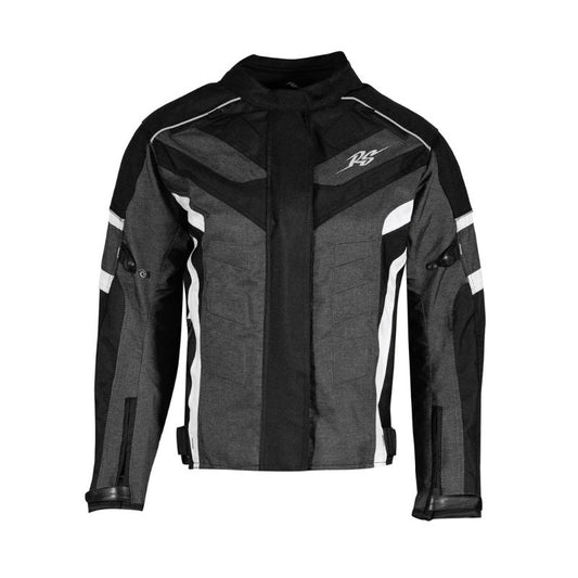 Blouson moto femme Jack Juliette noir, gris, bandes blanches, soufflets d'aisance.