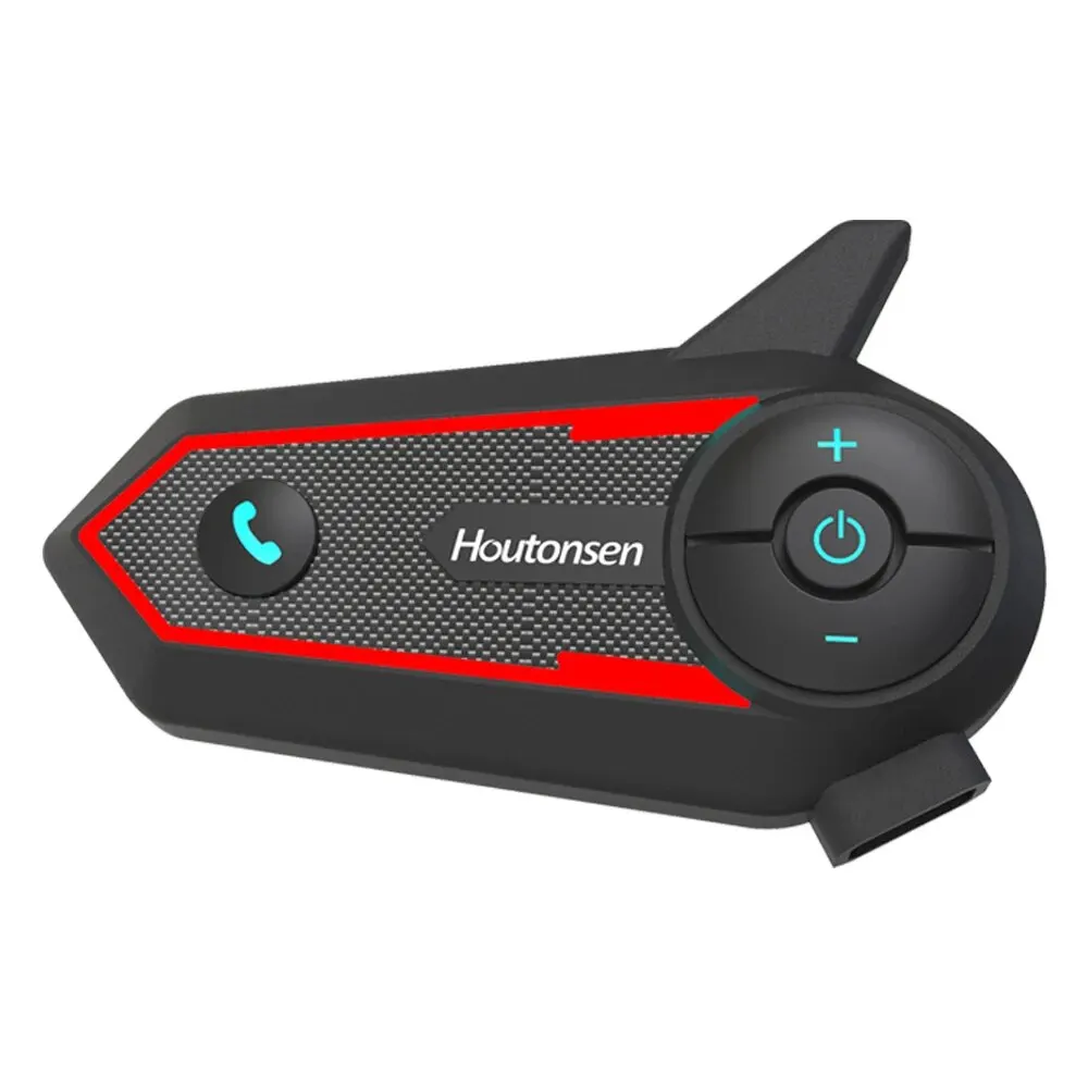 Intercom Bluetooth Houtonsen noir mat pour casque moto, bande rouge, icônes bleues.