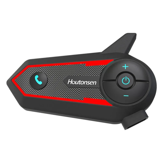 Intercom Bluetooth Houtonsen noir mat pour casque moto, bande rouge, icônes bleues.