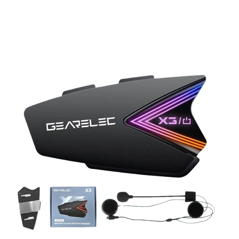 Intercom moto GEARELEC X3 noir mat angulaire avec LED RGB, étanche, Bluetooth sur casque.