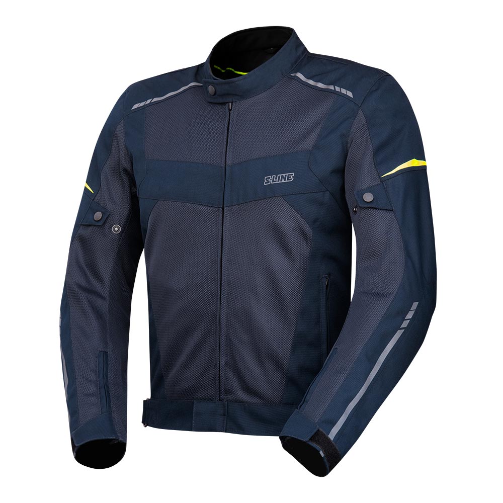 Blouson moto homme S-LINE R-Cooler bleu marine, mesh ventilé, touches fluo, protections CE.