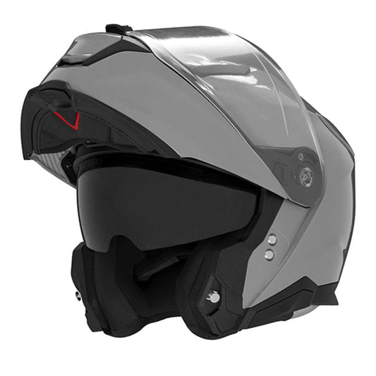 Casque moto modulable gris clair brillant avec écran solaire, idéal pour une conduite stylée et sécurisée