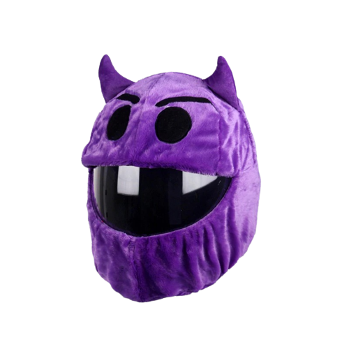 Couvre casque moto diable violet en peluche avec cornes, housse fun et originale pour casque intégral, style démoniaque et rebelle