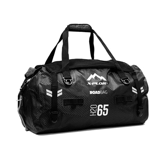 Sac cargo moto X-Plor 65L étanche en carbone, idéal pour road trip et grandes aventures à moto