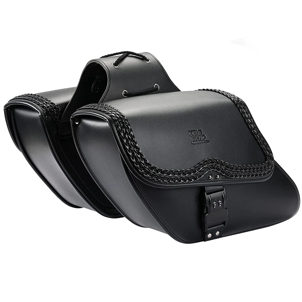 Sacoche cavalière moto en cuir noir pour custom type Sportster, style vintage et tressage décoratif