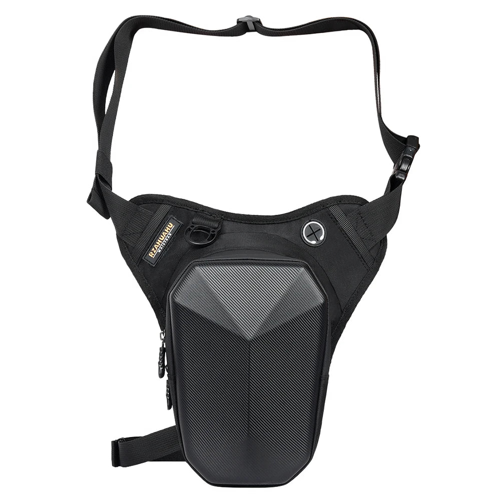 sacoche de jambe noire en carbone pour motard, étanche, légère avec sangles ajustables et rangements sécurisés
