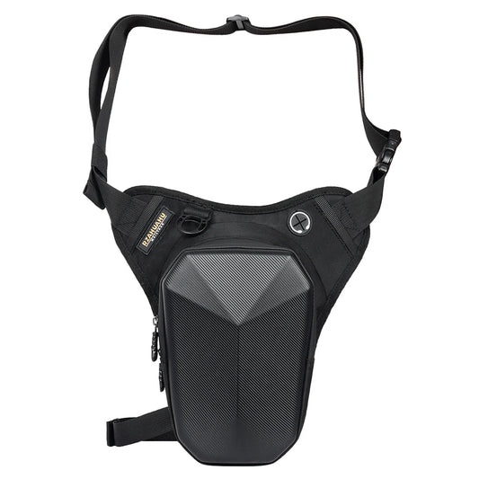 sacoche de jambe noire en carbone pour motard, étanche, légère avec sangles ajustables et rangements sécurisés