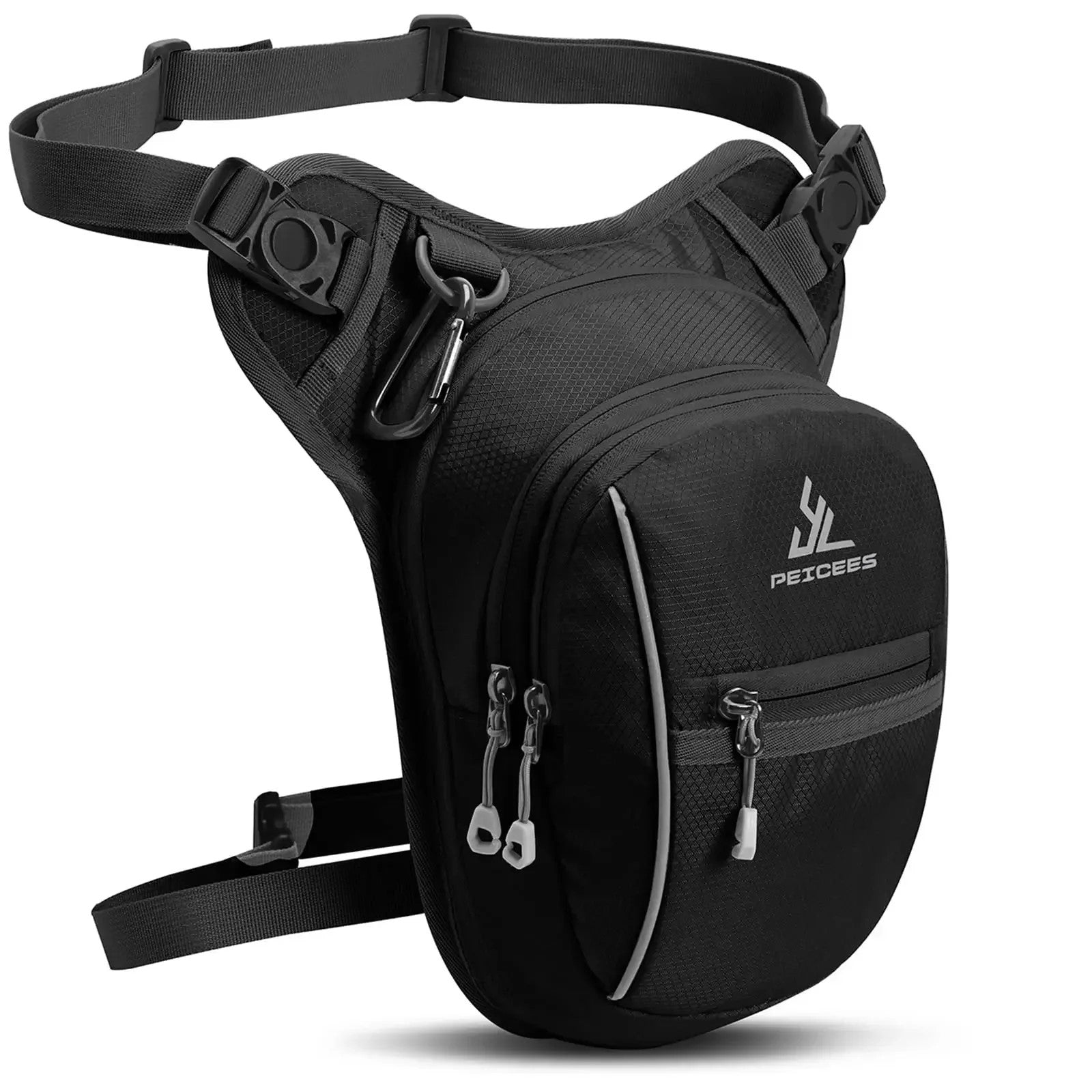 sacoche de jambe noire unisexe en tissu Oxford imperméable avec multiples rangements zippés pour usage quotidien ou moto