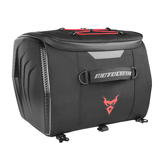 Sacoche de selle moto MotoCentral noire et rouge, design rectangulaire avec attaches rapides et détails sport